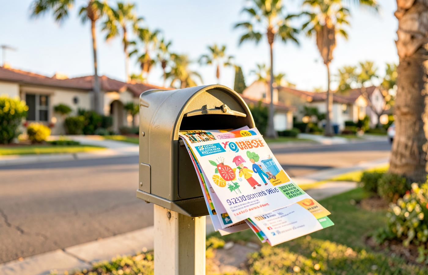 A colorful oversized postcard sitting in a residential mailbox on a sunny La Mesa street