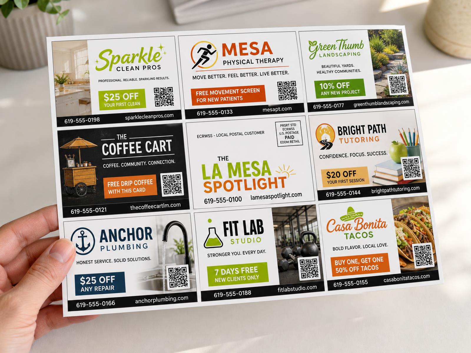 Back side of the shared La Mesa postcard with eight more fictional local business ads and the EDDM indicia