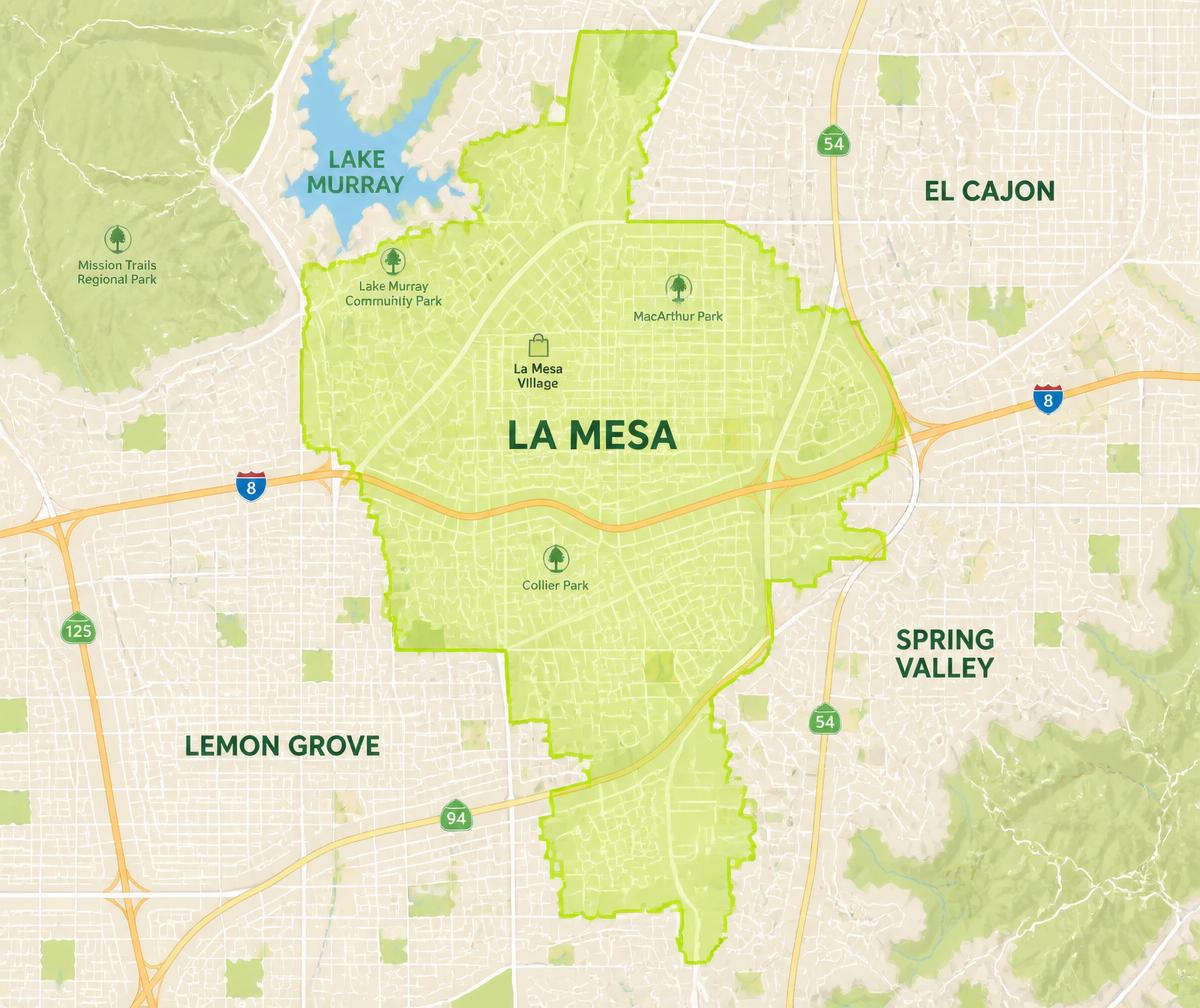 Map of La Mesa, California with the Every Door Direct Mail delivery area highlighted in green across the 91941 and 91942 zip codes